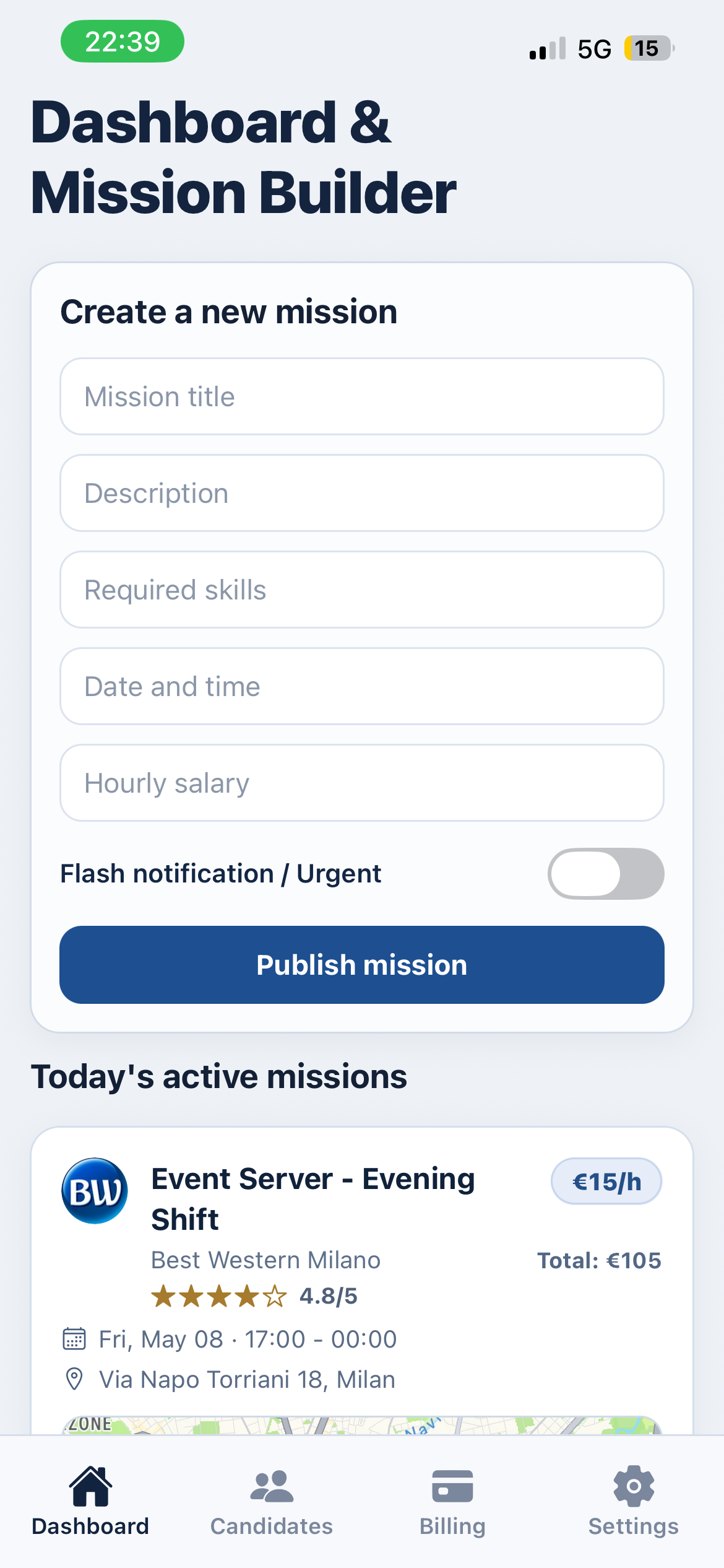 Create mission screen